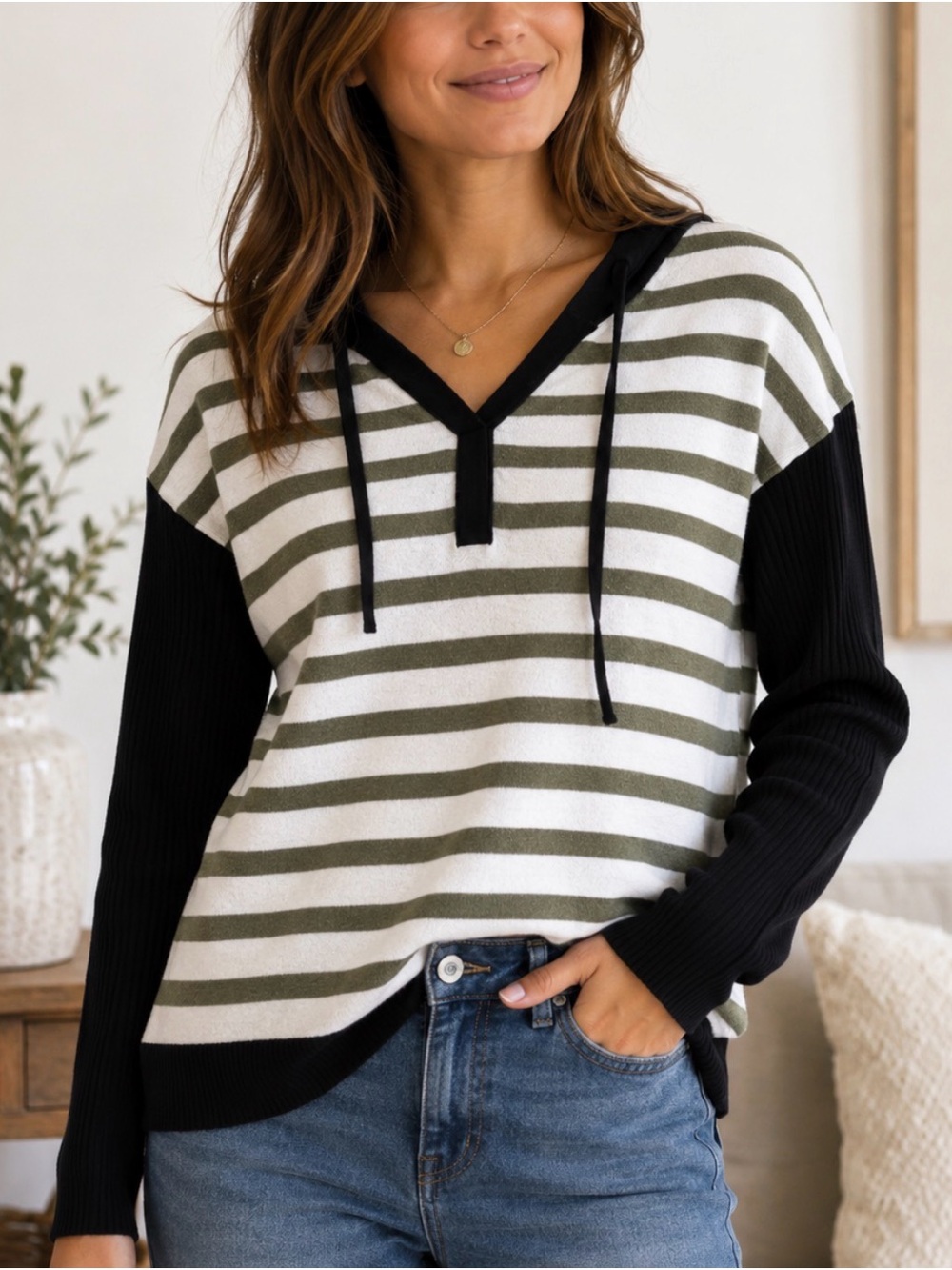 Caslon Olive & Black Striped V-Neck Hoodie Sweater